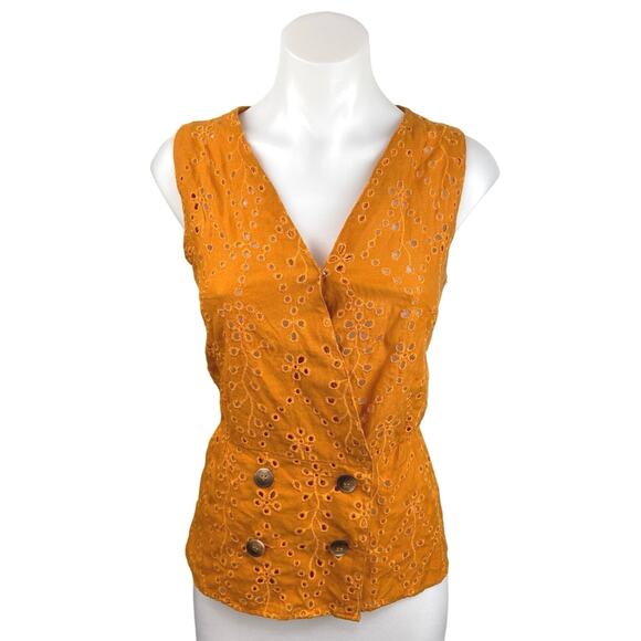 Promod Mustard Yellow Sleeveless Eyelet Lace Button Up Wrap Vest Blouse Top Sz 8 - Picture 1 of 4